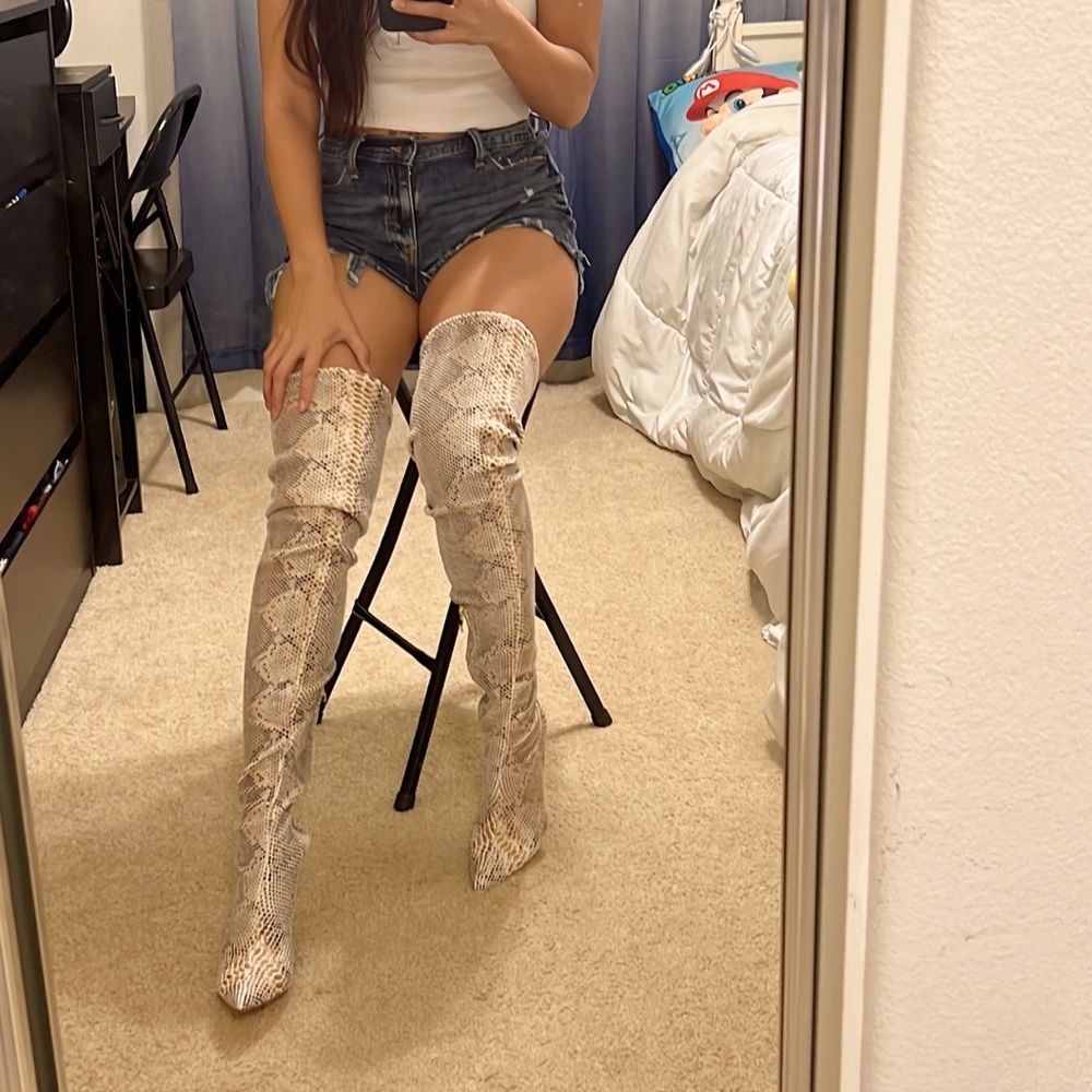 Snakeskin boots thigh high -stilettos heels 4 inches